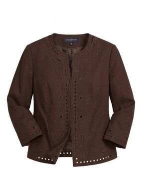 Jones New York Brown Linen Embroidered Eyelet 3/4 Sleeve Boho Chic Jacket 12
